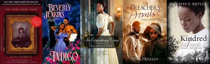 Covers of The Wind Done Gone, Indigo, An Extraordinary Union, The Preacher’s Promise, Kindred